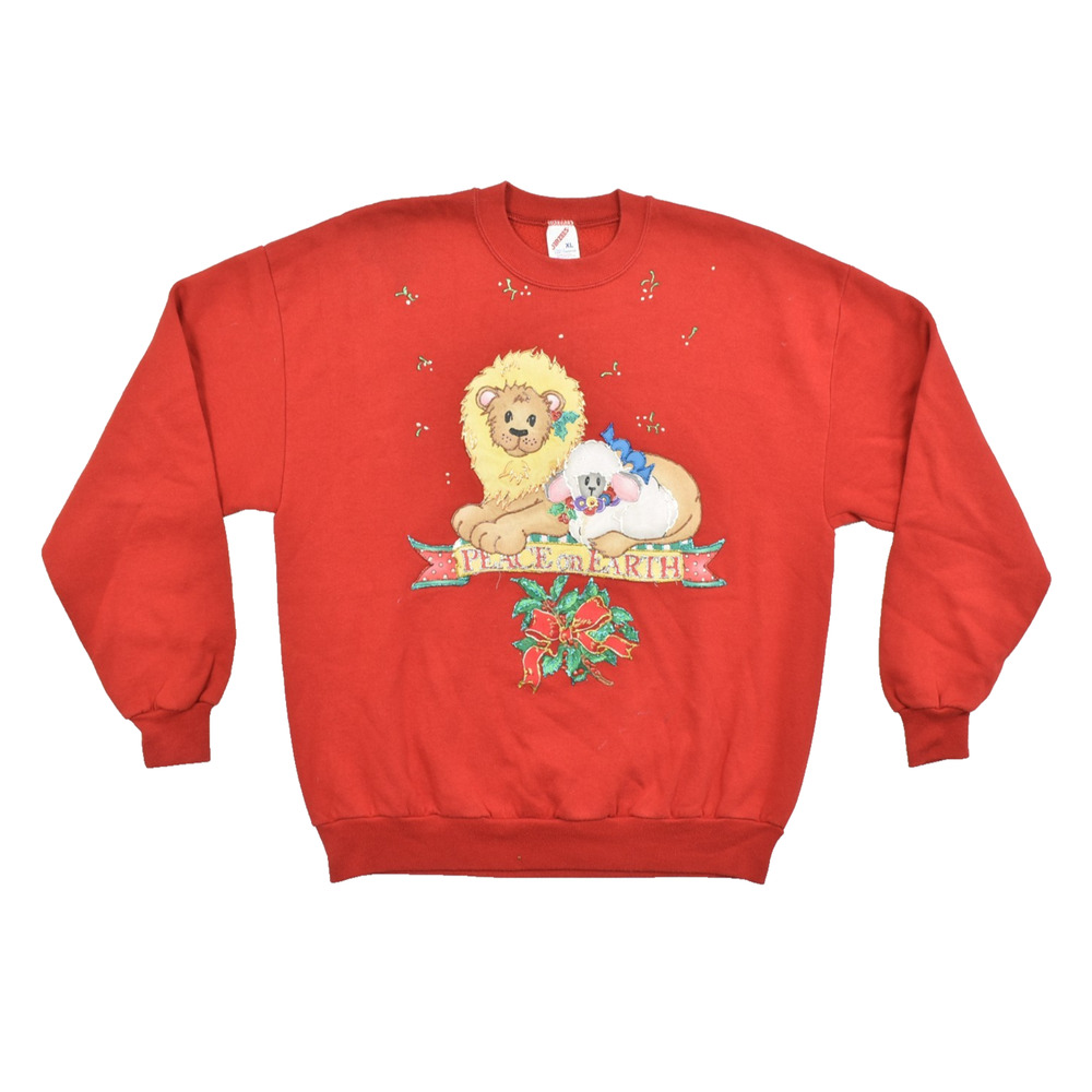 Vintage Jerzees XL Red Sweatshirt Peace on Earth Lion Lamb Christmas Holiday